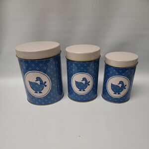 3 VINTAGE TIN CANS Canister Set Kitchen Containers Inter Stacking Nesting
